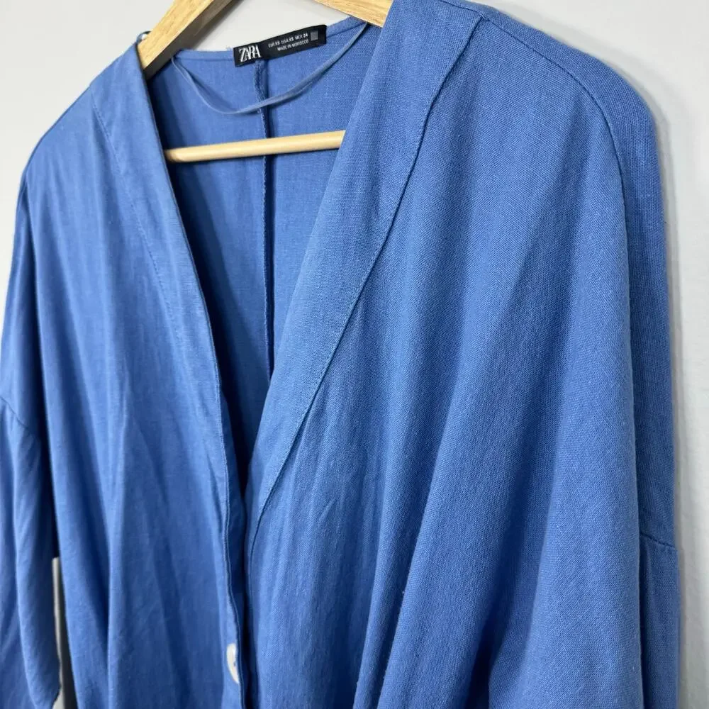 Zara Women's Blue Romper XS Linen V-Neck Jumpsuit Vacation Resort